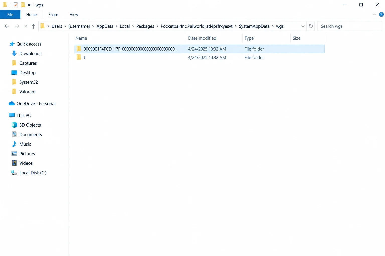 File Explorer window showing the SystemAppData\wgs folder path for a Game Pass PC title in the address bar
